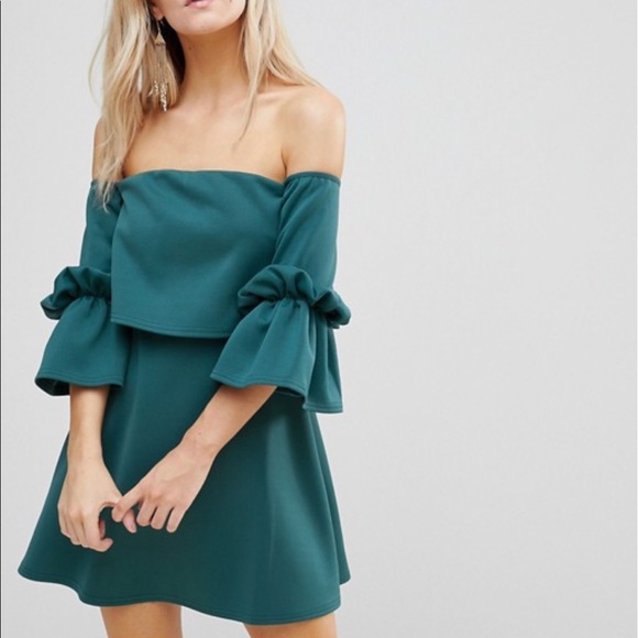 asos green off the shoulder dress